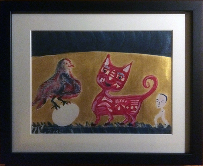 Vogel und Katze, 18x24cm, Acryl auf Hahnemühle Papier 230g, 2019